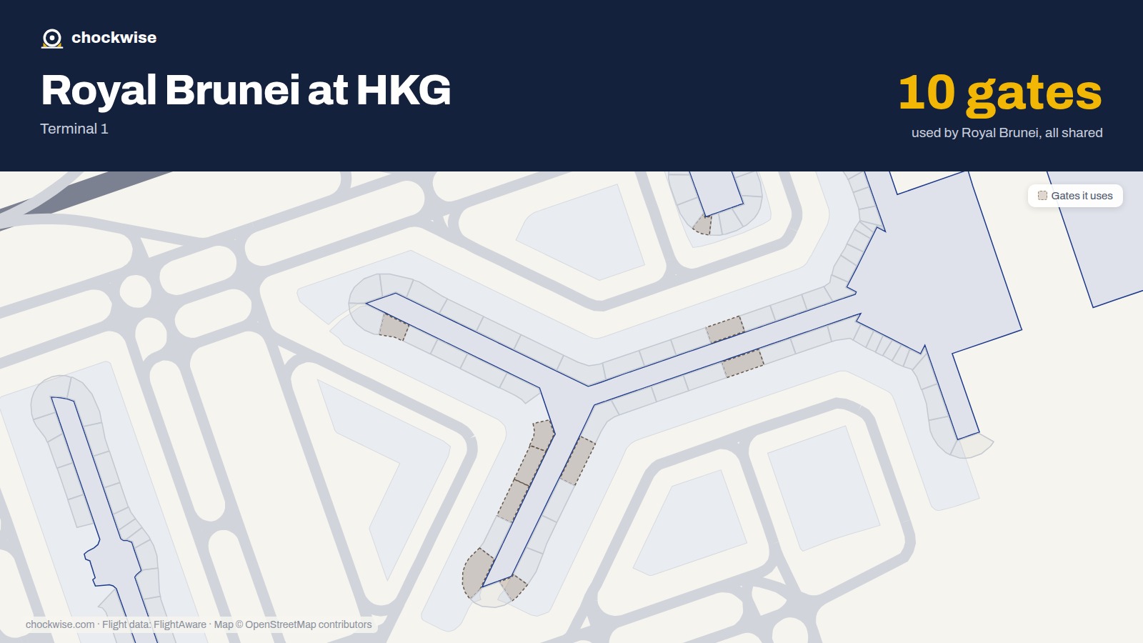 Map of HKG with the gates Royal Brunei Airlines uses highlighted: 18, 27, 28, 40, 41, 42, 44, 48 and 2 more.