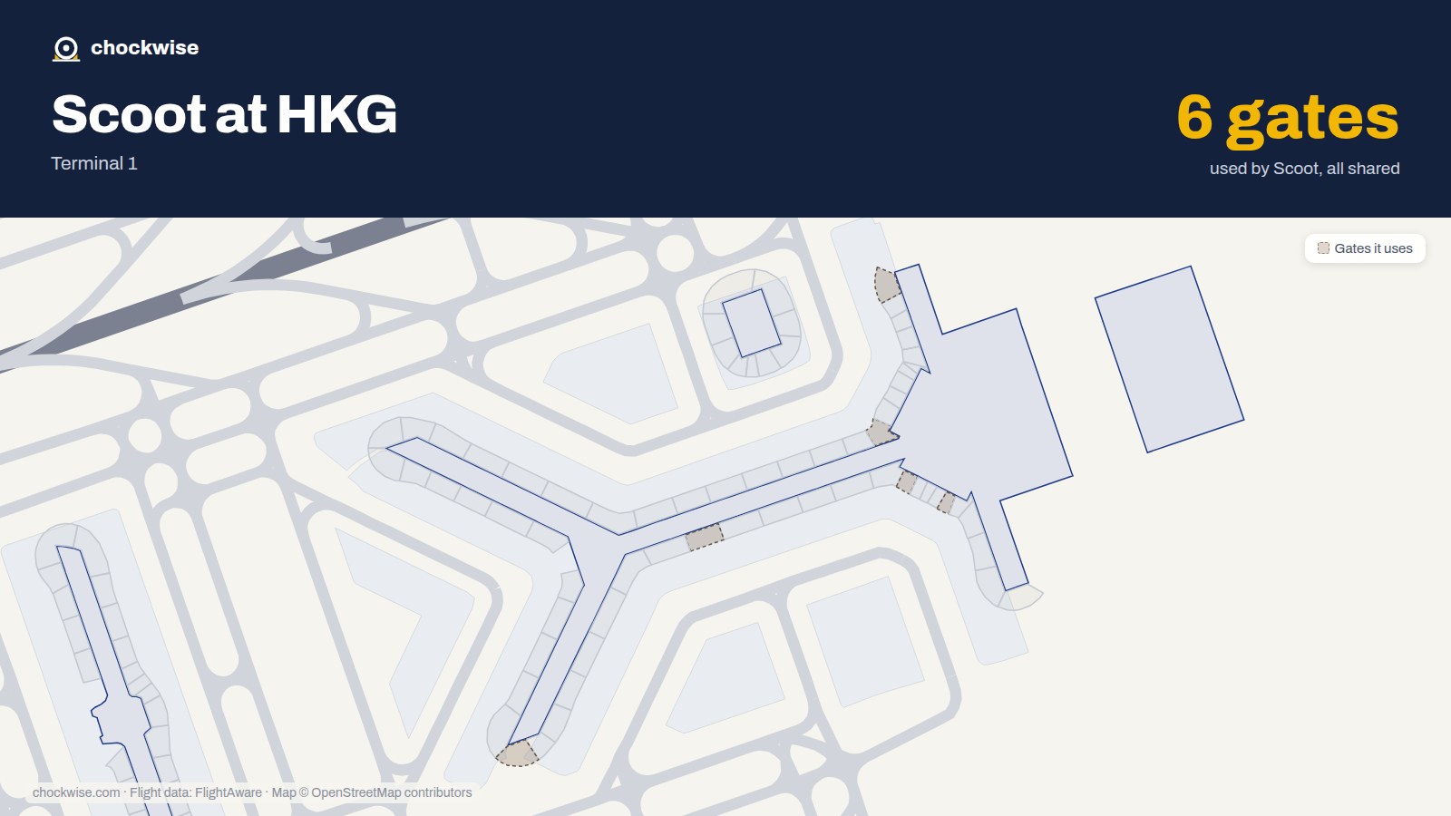 Map of HKG with the gates Scoot uses highlighted: 9, 10, 31, 50, 520 and 524.