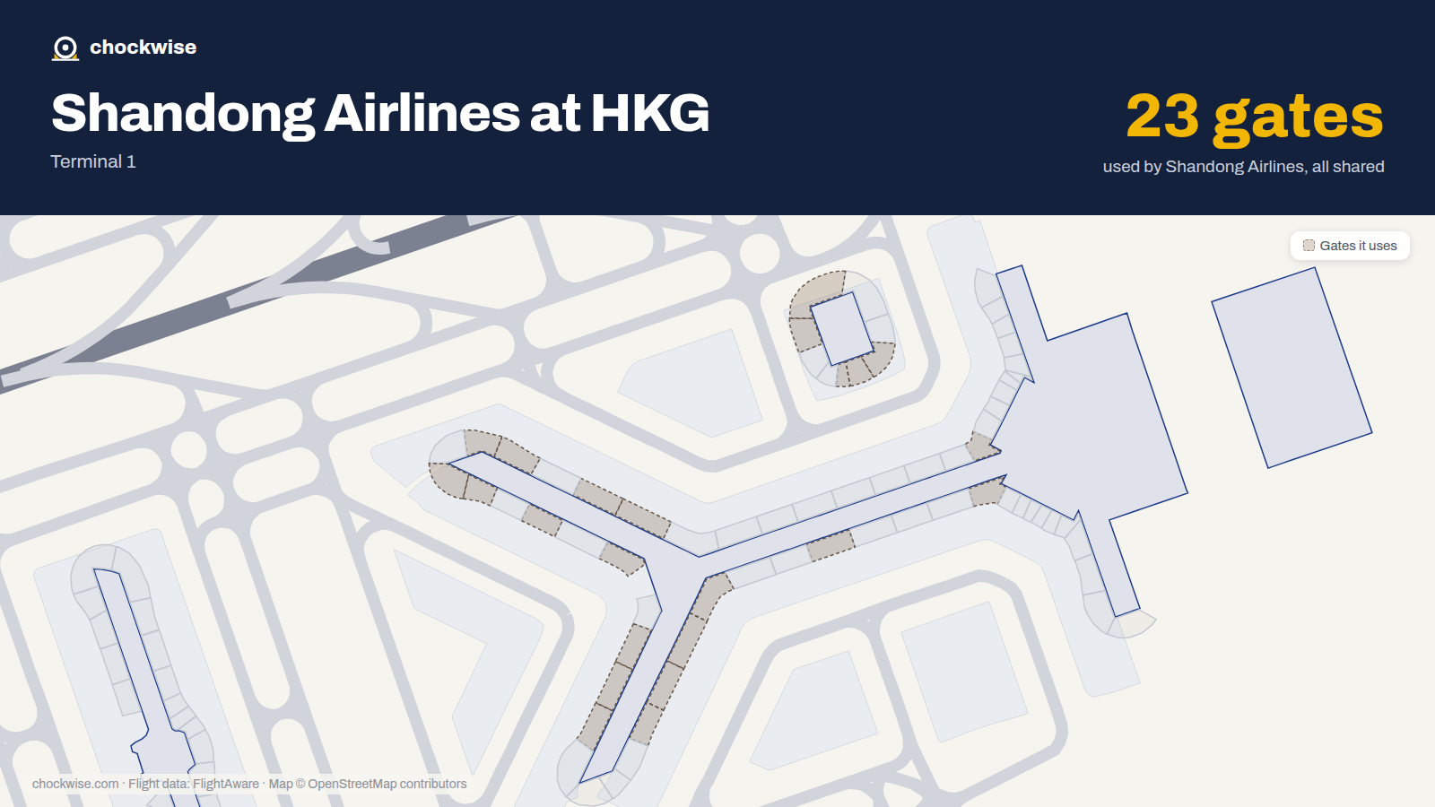 Map of HKG with the gates Shandong Airlines uses highlighted: 10, 11, 15, 16, 17, 20, 21, 29 and 15 more.