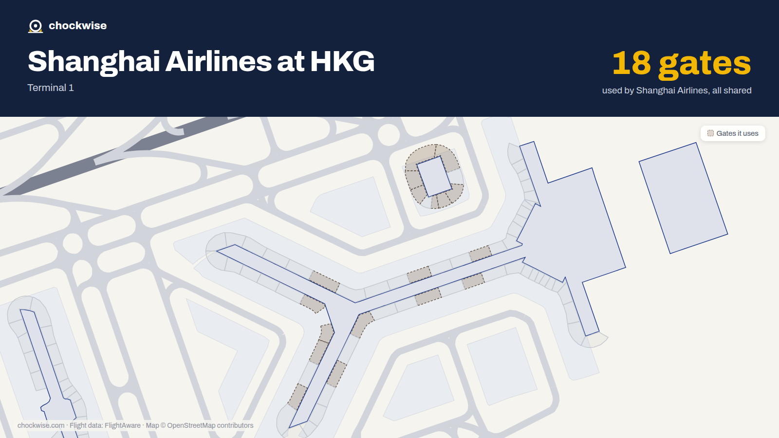 Map of HKG with the gates Shanghai Airlines uses highlighted: 13, 15, 16, 17, 19, 20, 21, 24 and 10 more.