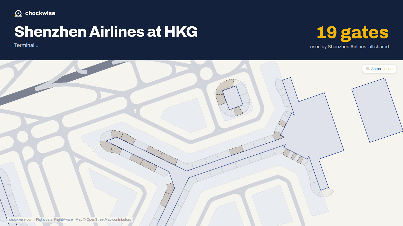 Map of HKG with the gates Shenzhen Airlines uses highlighted: 10, 16, 20, 21, 28, 40, 42, 60 and 11 more.