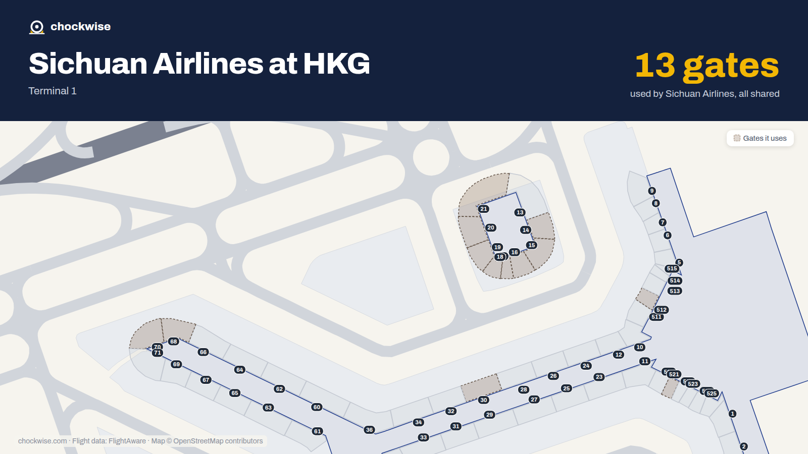 Map of HKG with the gates Sichuan Airlines uses highlighted: 14, 15, 16, 17, 18, 19, 20, 21 and 5 more.