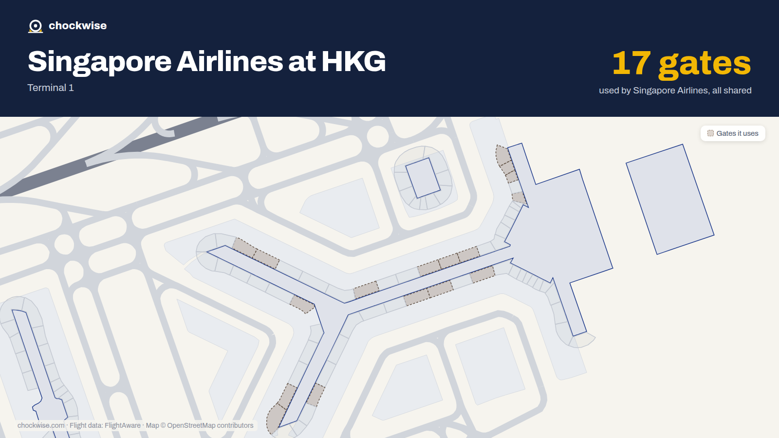 Map of HKG with the gates Singapore Airlines uses highlighted: 5, 7, 8, 9, 23, 24, 26, 27 and 9 more.