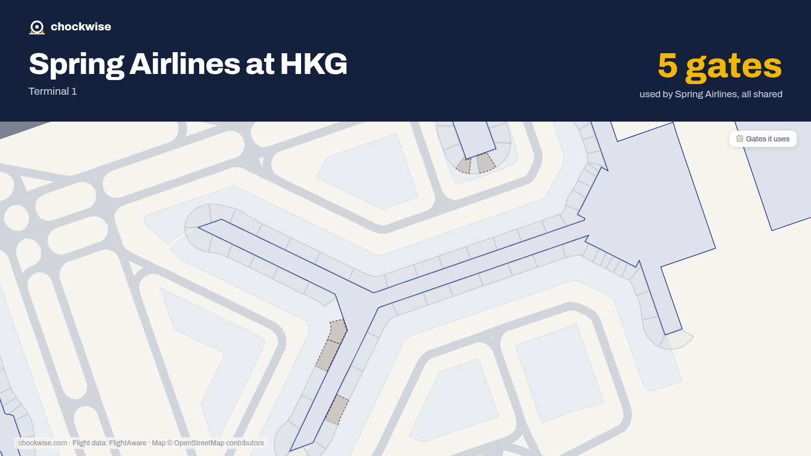 Map of HKG with the gates Spring Airlines uses highlighted: 16, 18, 40, 42 and 45.