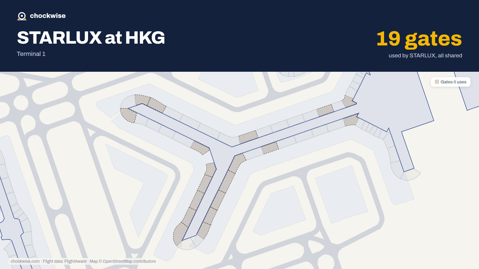 Map of HKG with the gates STARLUX Airlines uses highlighted: 10, 11, 24, 31, 34, 35, 40, 41 and 11 more.