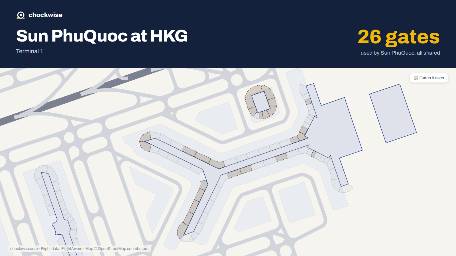 Map of HKG with the gates Sun PhuQuoc Airways uses highlighted: 7, 10, 12, 13, 14, 15, 16, 17 and 18 more.