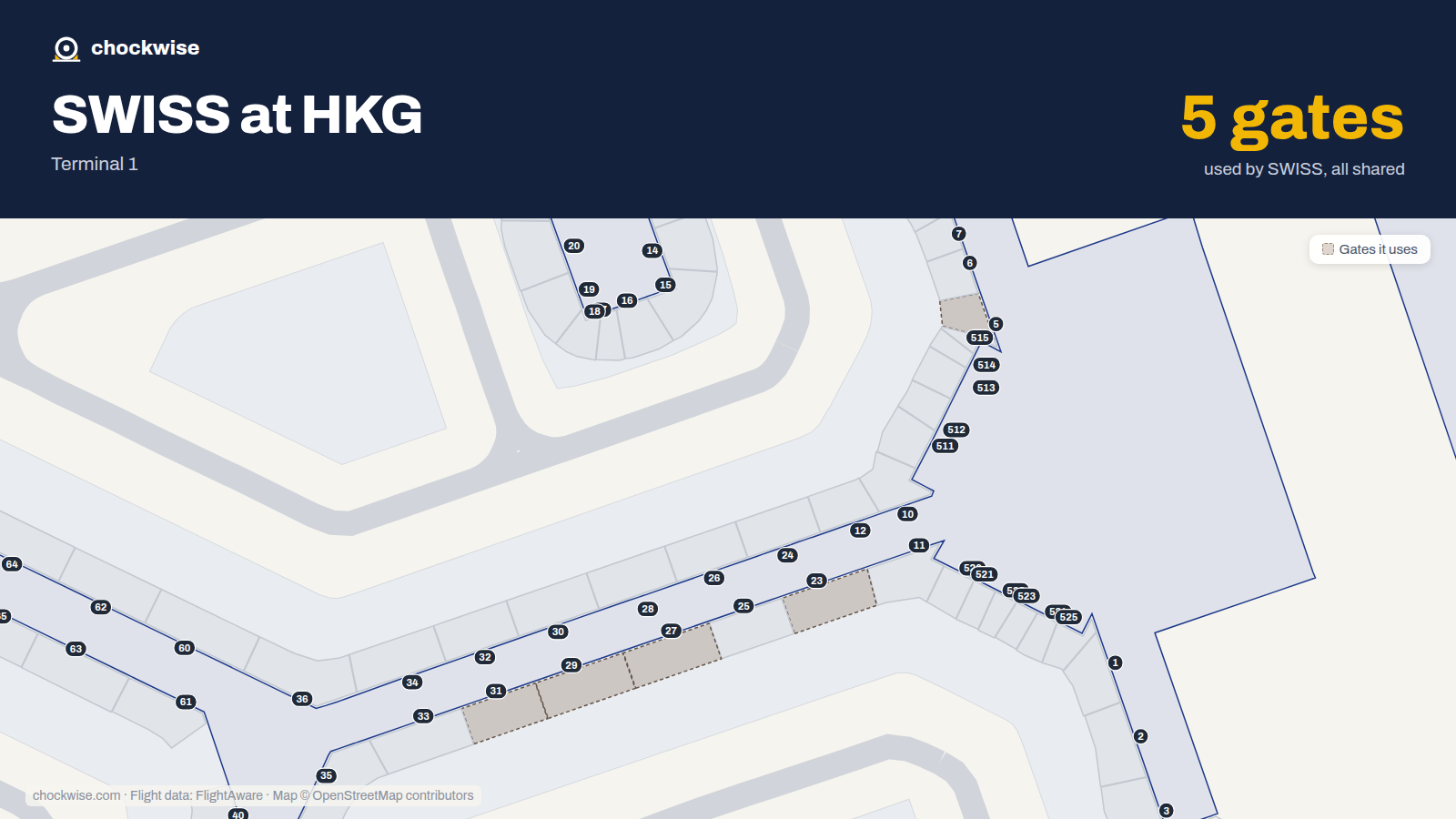 Map of HKG with the gates SWISS uses highlighted: 5, 23, 27, 29 and 31.