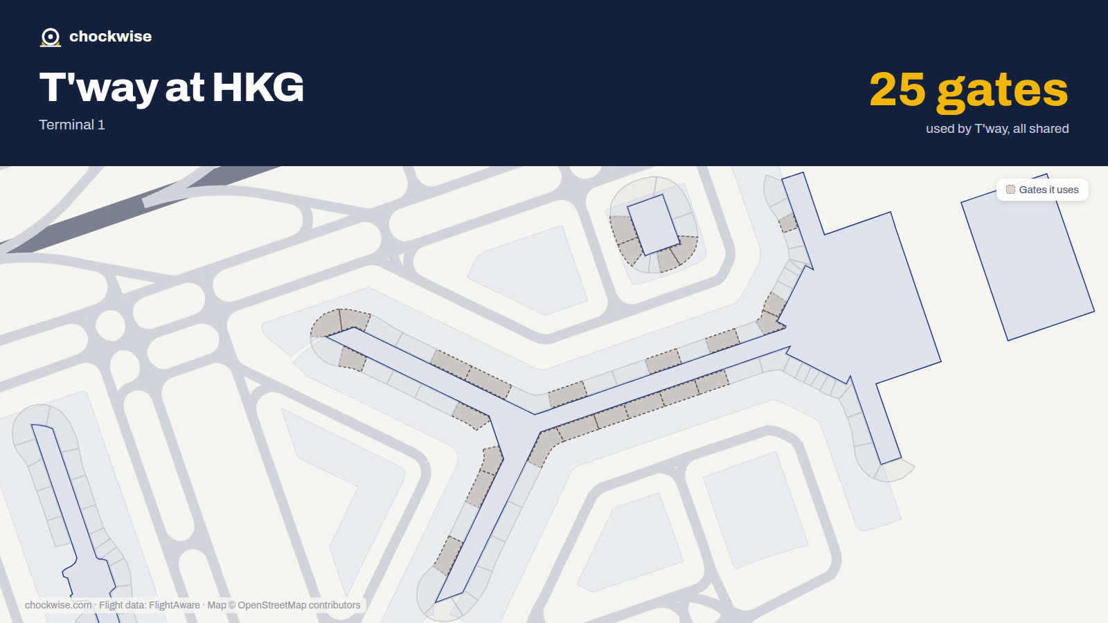 Map of HKG with the gates T'way Air uses highlighted: 7, 10, 15, 16, 19, 20, 24, 25 and 17 more.