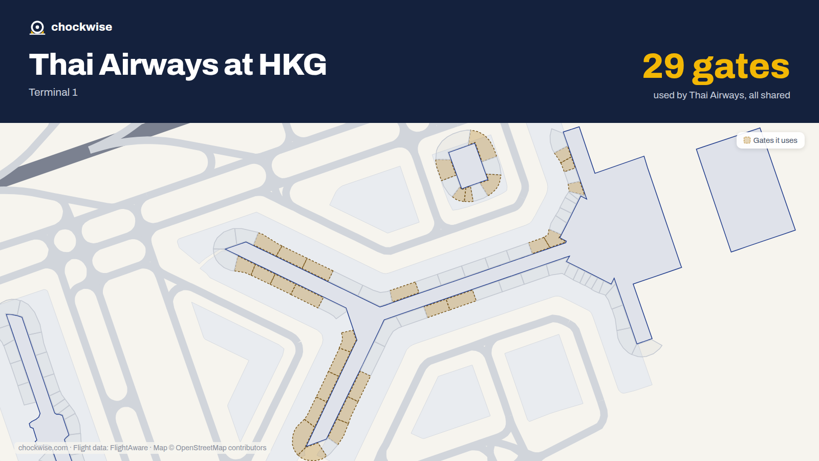 Map of HKG with the gates Thai Airways uses highlighted: 5, 7, 8, 10, 12, 13, 15, 17 and 21 more.
