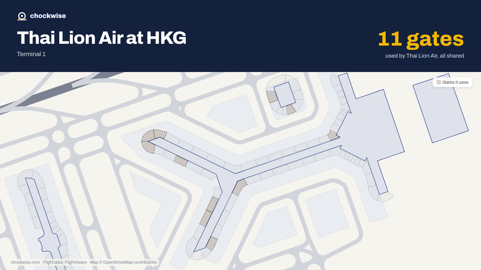 Map of HKG with the gates Thai Lion Air uses highlighted: 10, 16, 20, 35, 42, 44, 47, 65 and 3 more.