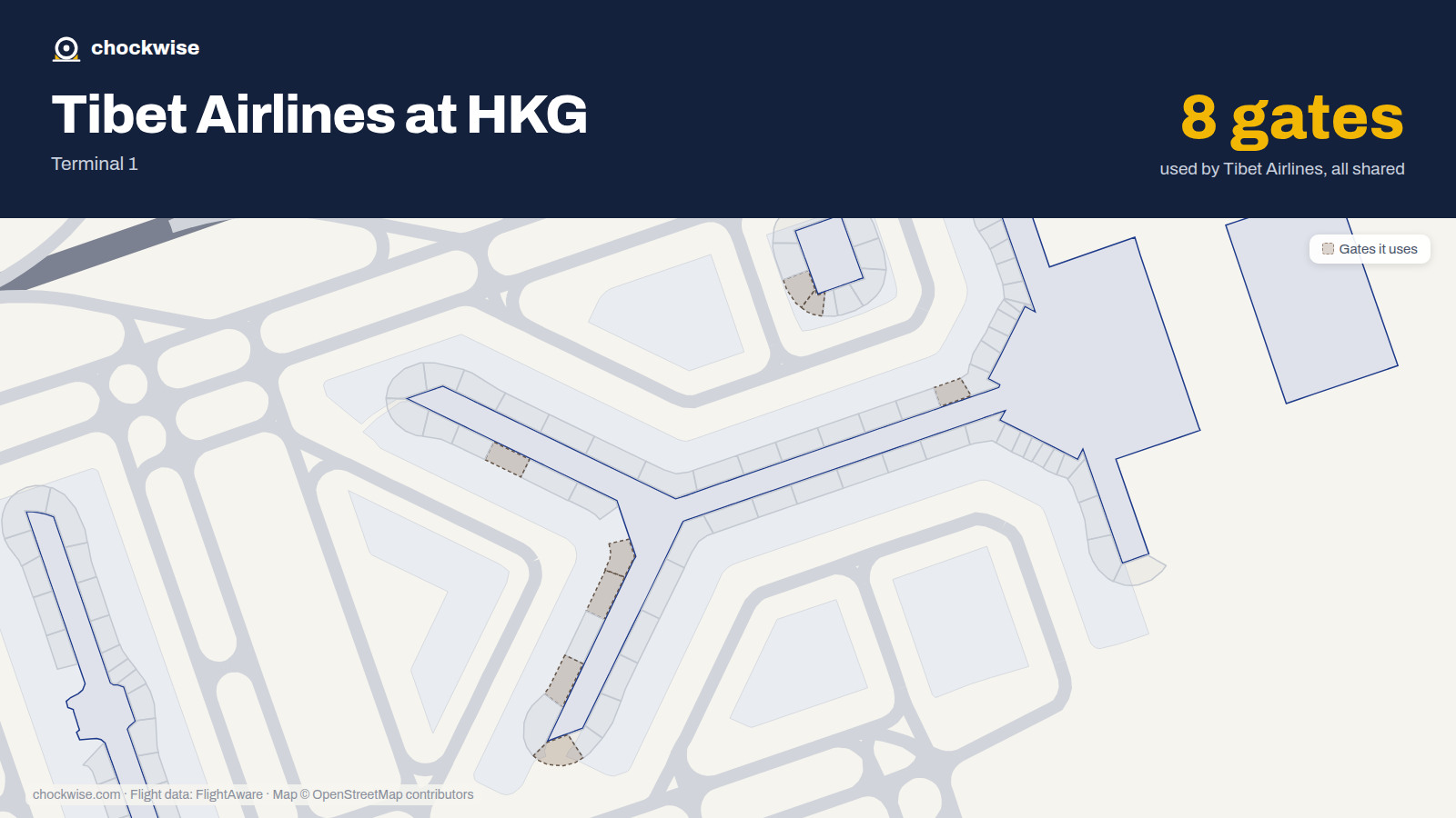 Map of HKG with the gates Tibet Airlines uses highlighted: 12, 18, 19, 40, 42, 46, 50 and 65.