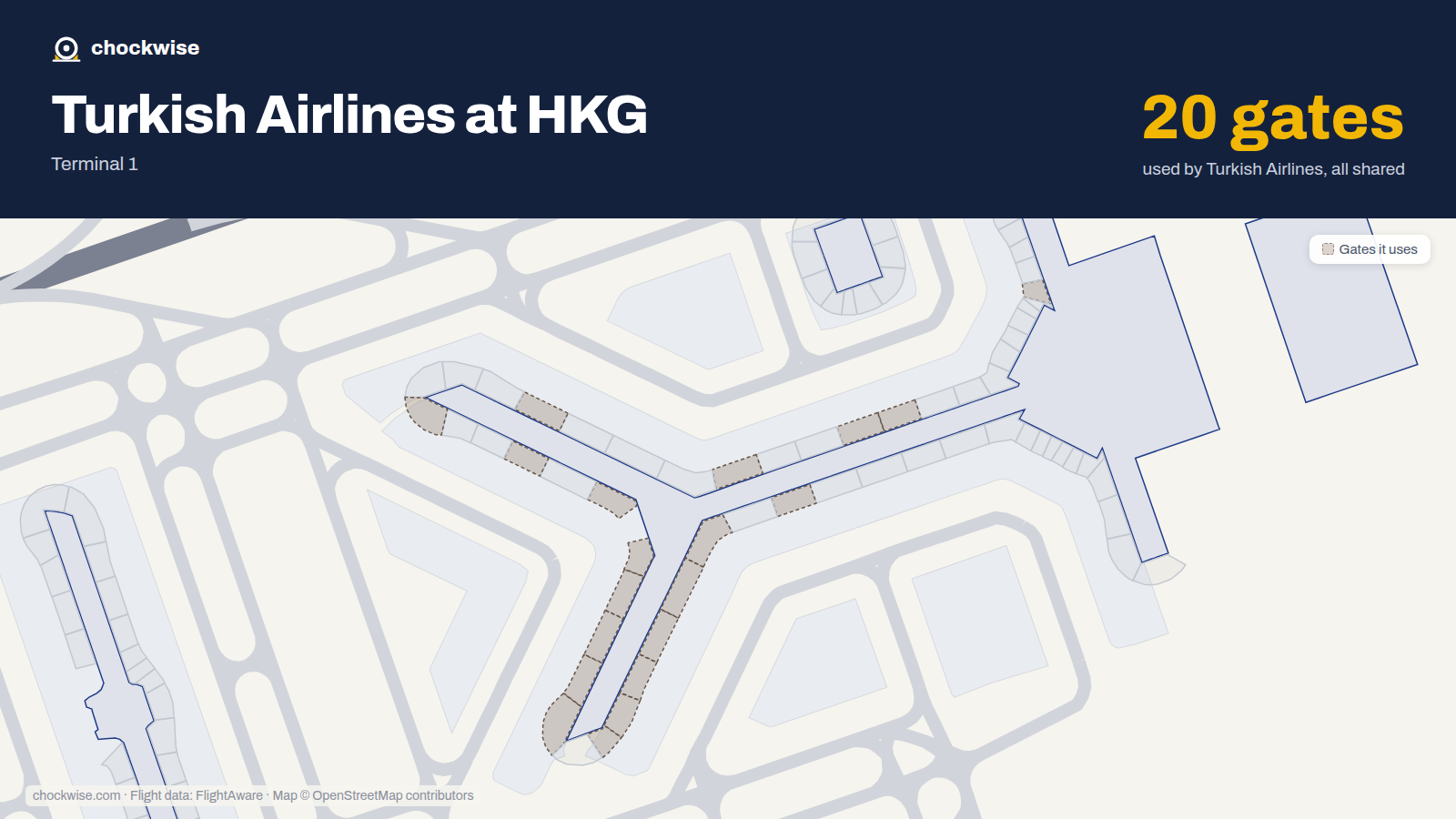 Map of HKG with the gates Turkish Airlines uses highlighted: 5, 26, 28, 31, 34, 35, 40, 41 and 12 more.