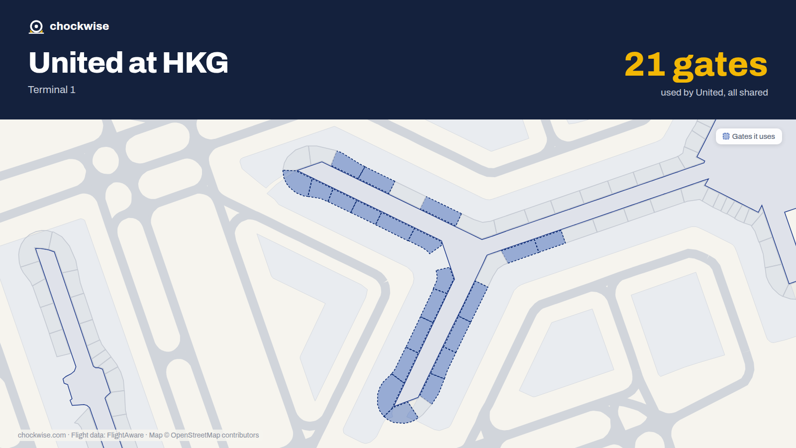 Map of HKG with the gates United Airlines uses highlighted: 31, 33, 40, 41, 42, 43, 44, 45 and 13 more.