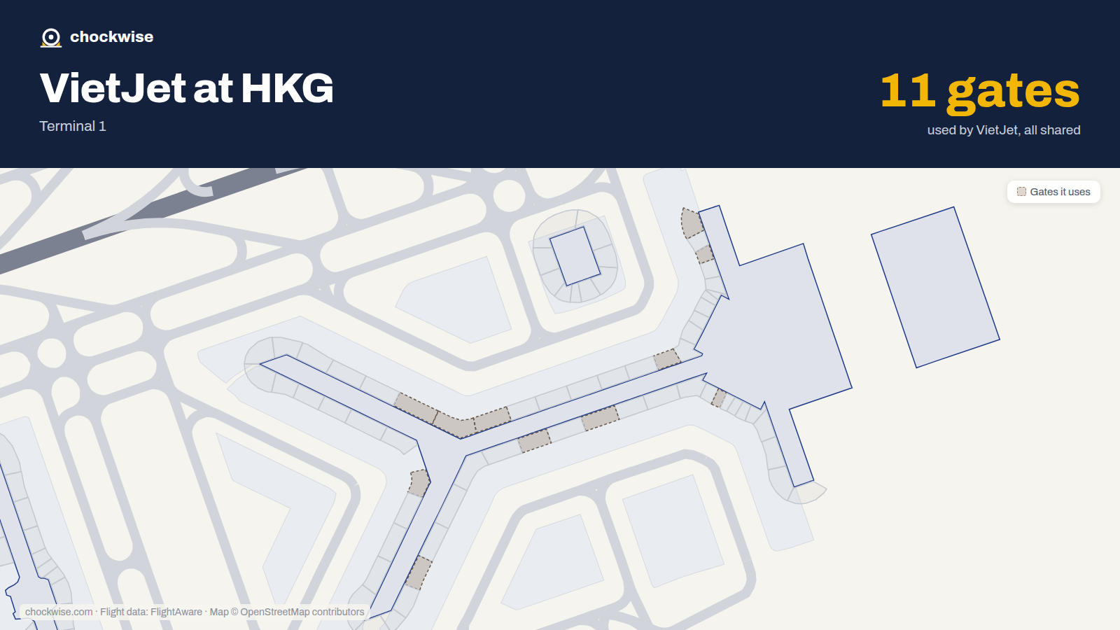 Map of HKG with the gates VietJet Air uses highlighted: 7, 9, 12, 27, 31, 34, 36, 40 and 3 more.