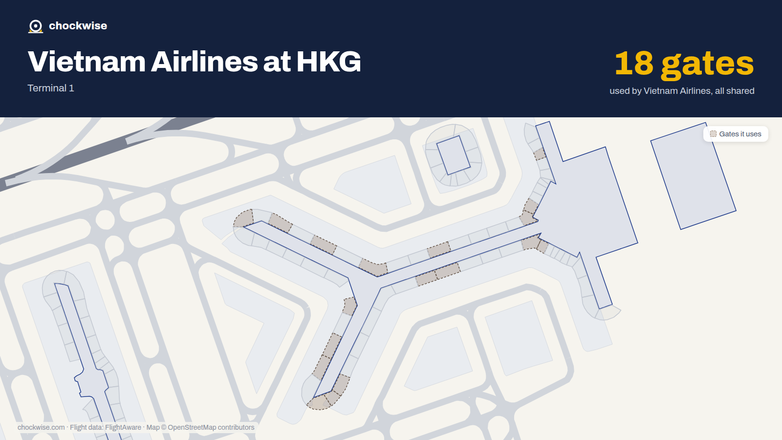 Map of HKG with the gates Vietnam Airlines uses highlighted: 7, 10, 11, 29, 30, 31, 36, 40 and 10 more.