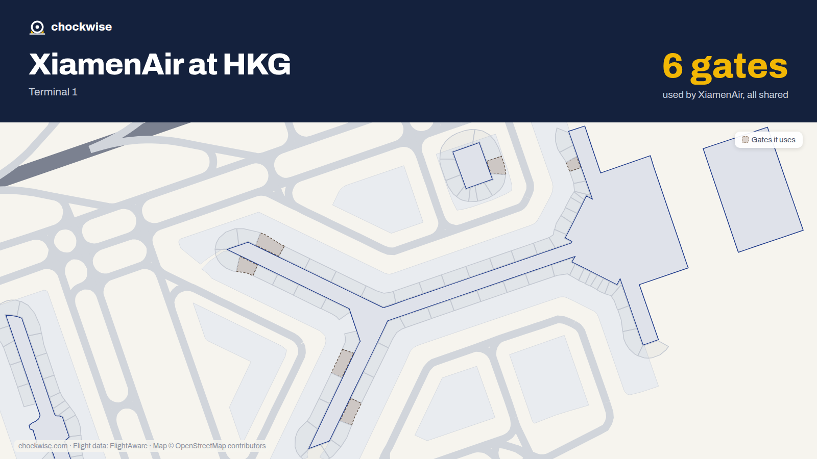 Map of HKG with the gates Xiamen Airlines uses highlighted: 7, 14, 42, 45, 66 and 69.