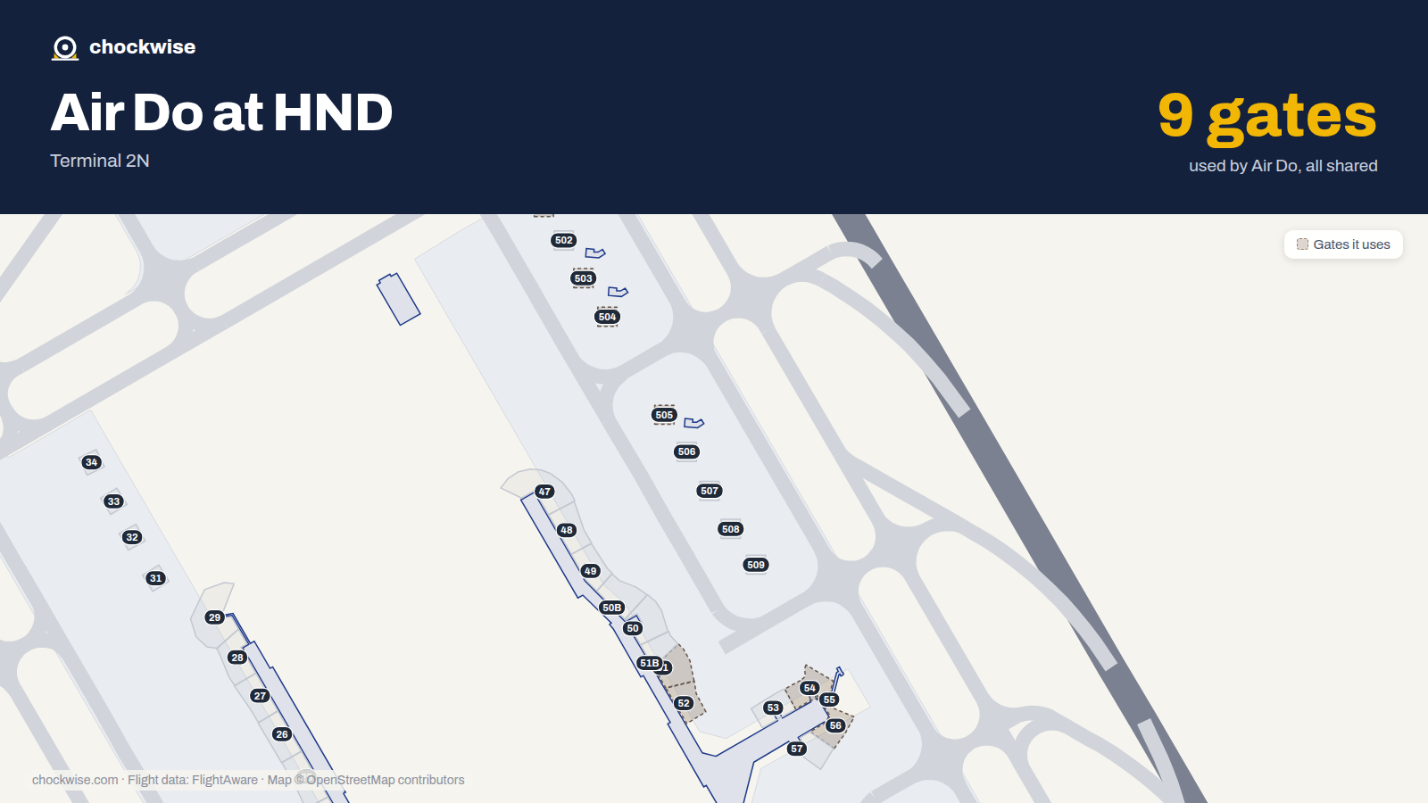 Map of HND with the gates Air Do uses highlighted: 51, 52, 54, 55, 56, 500, 501, 503 and 2 more.