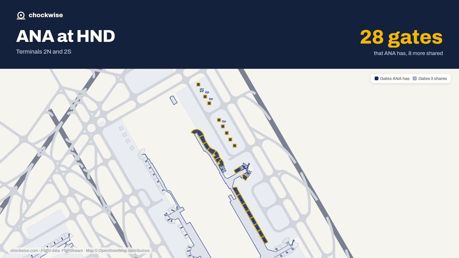 Map of HND with the gates All Nippon Airways (ANA) uses highlighted: 47, 48, 49, 50, 50B, 51, 51B, 53 and 19 more.