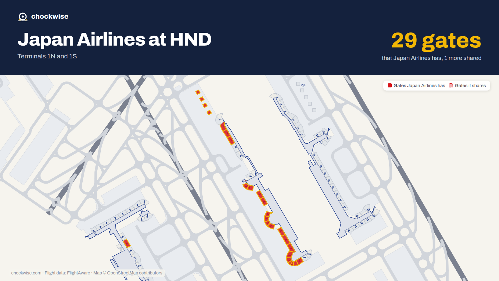 Map of HND with the gates Japan Airlines uses highlighted: 3, 4, 5, 5B, 6, 7, 8, 9 and 17 more.