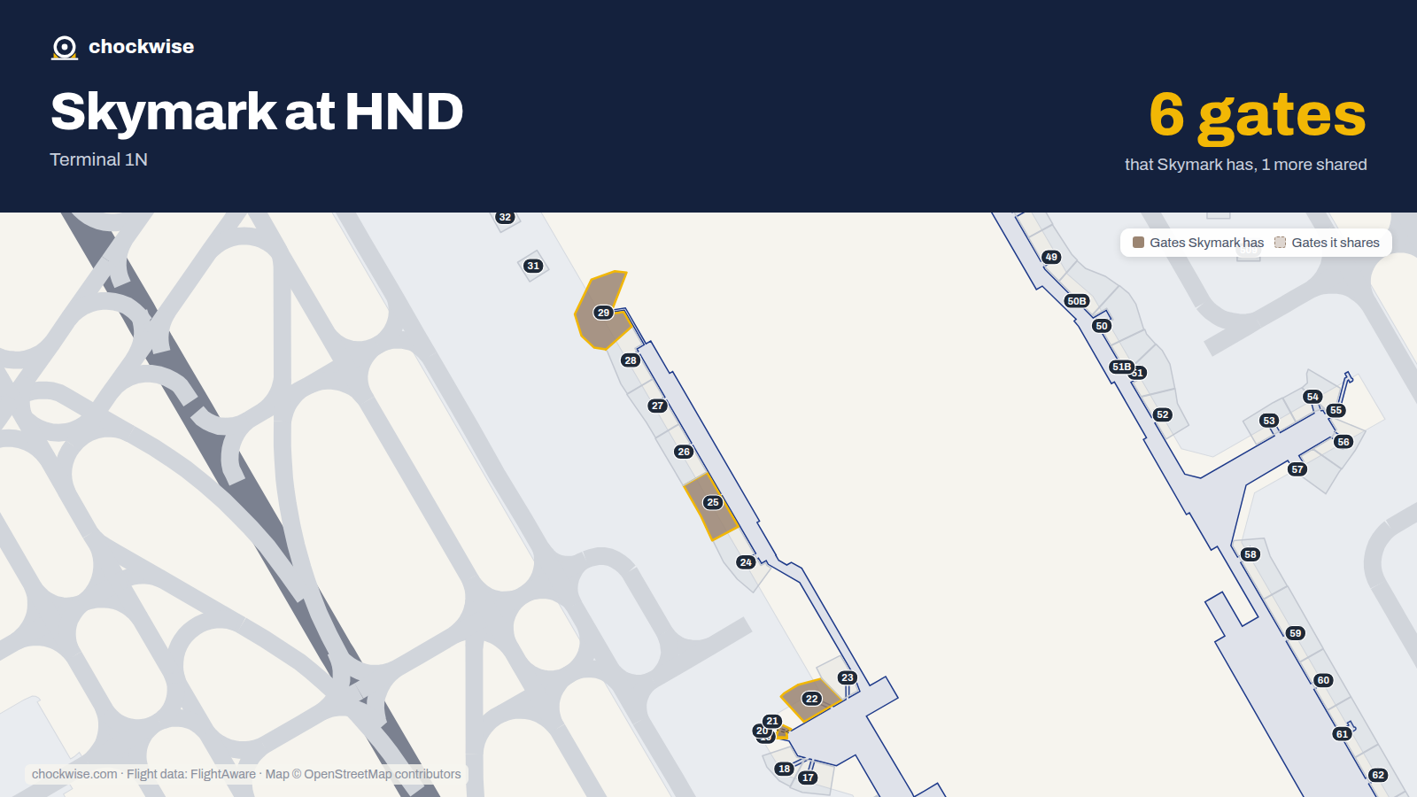 Map of HND with the gates Skymark Airlines uses highlighted: 19, 20, 22, 25 and 29.