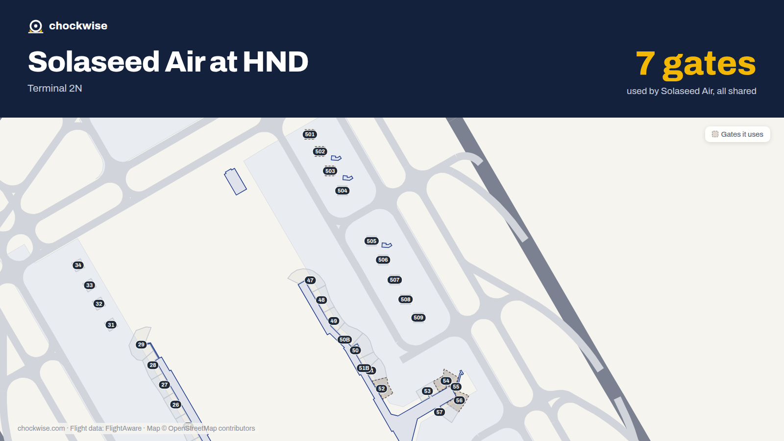 Map of HND with the gates Solaseed Air uses highlighted: 52, 54, 55, 56, 500, 501, 502 and 503.