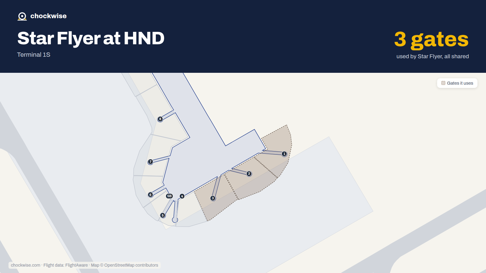 Map of HND with the gates Star Flyer uses highlighted: 1, 2, 3 and 84.