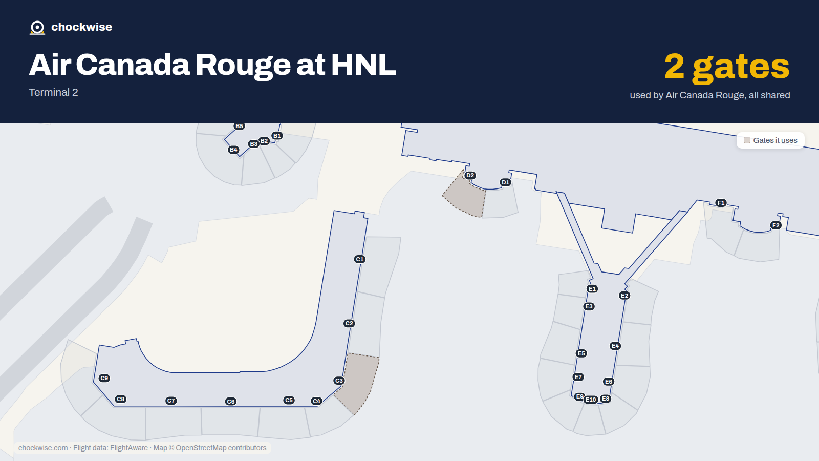 Map of HNL with the gates Air Canada Rouge uses highlighted: D2 and C3.