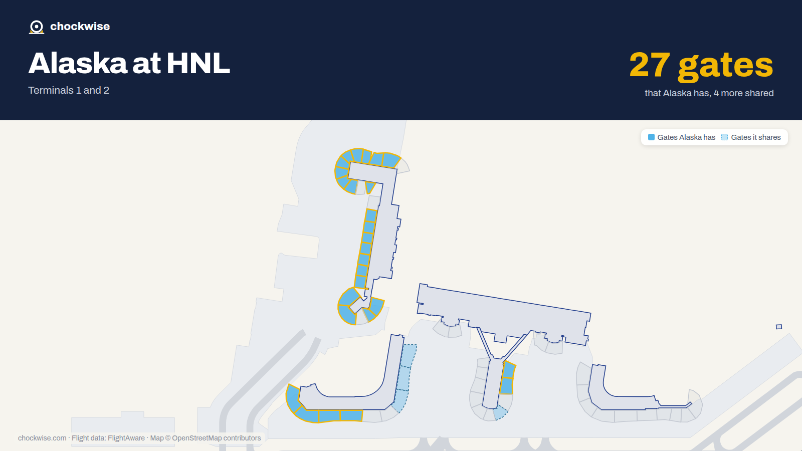 Map of HNL with the gates Alaska Airlines uses highlighted: B1, A2, B2, E2, A3, A4, B4, E4 and 19 more.
