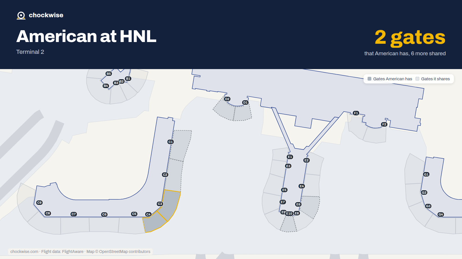 Map of HNL with the gates American Airlines uses highlighted: C3 and C4.