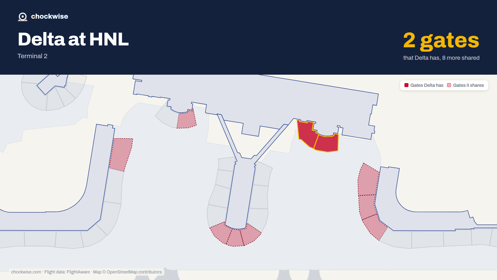 Map of HNL with the gates Delta Air Lines uses highlighted: F1 and F2.