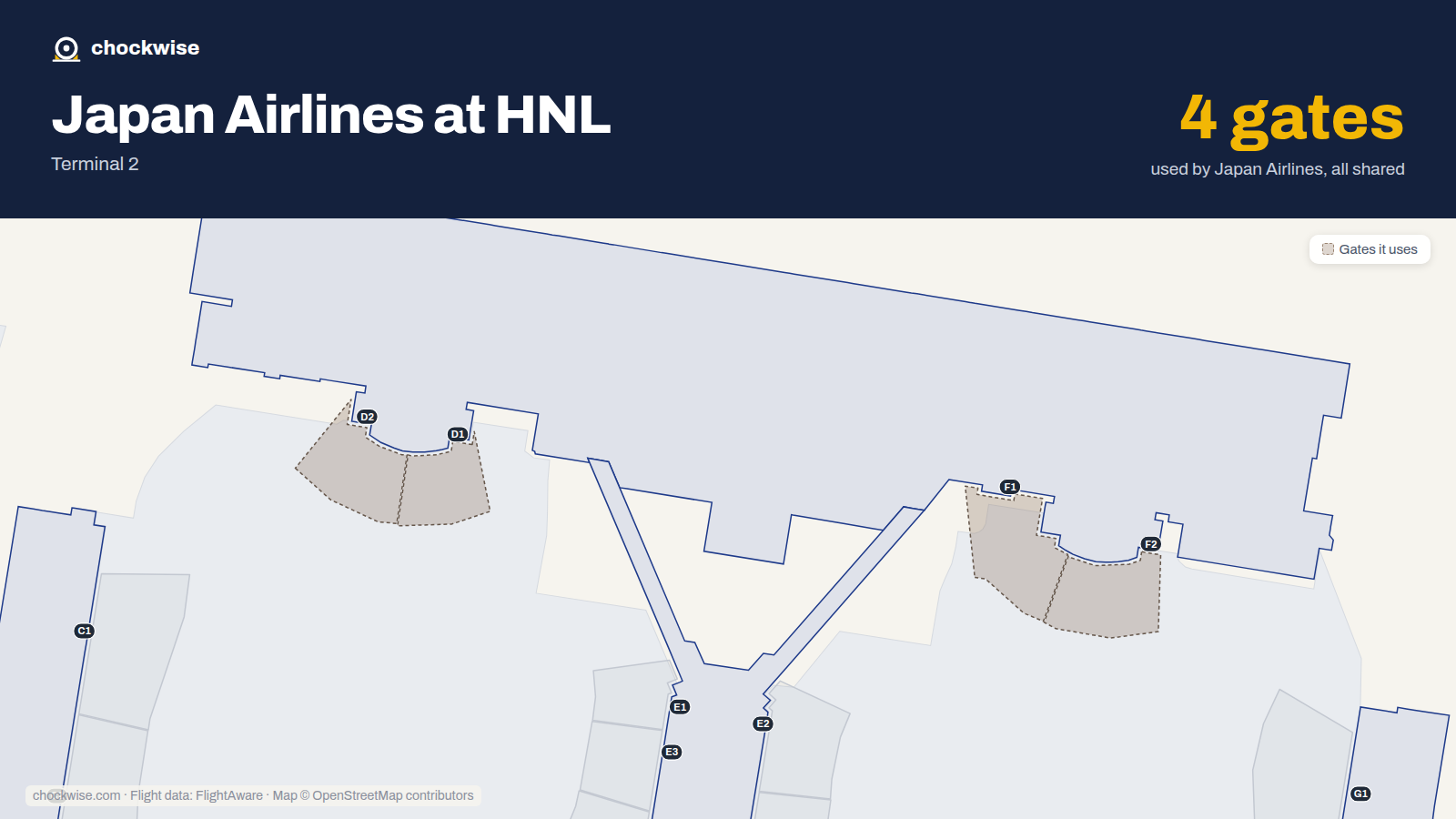 Map of HNL with the gates Japan Airlines uses highlighted: D1, F1, D2 and F2.