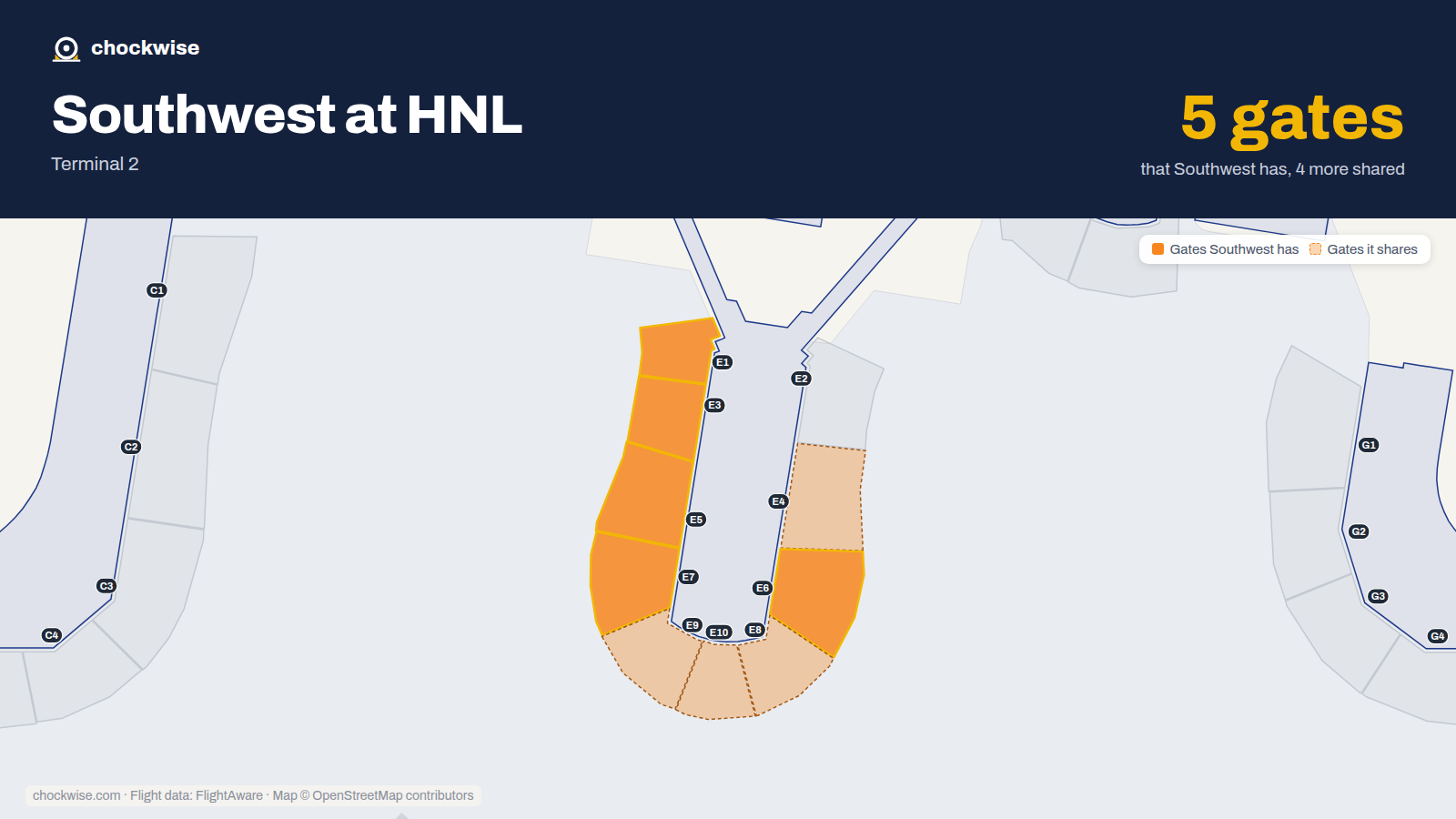 Map of HNL with the gates Southwest Airlines uses highlighted: E1, E3, E5, E6 and E7.