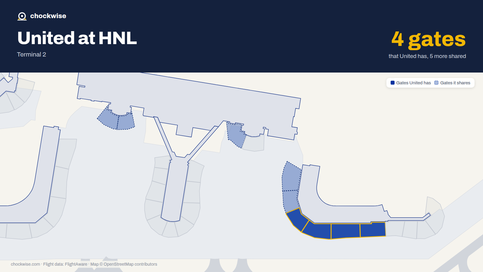 Map of HNL with the gates United Airlines uses highlighted: G3, G4, G5 and G6.