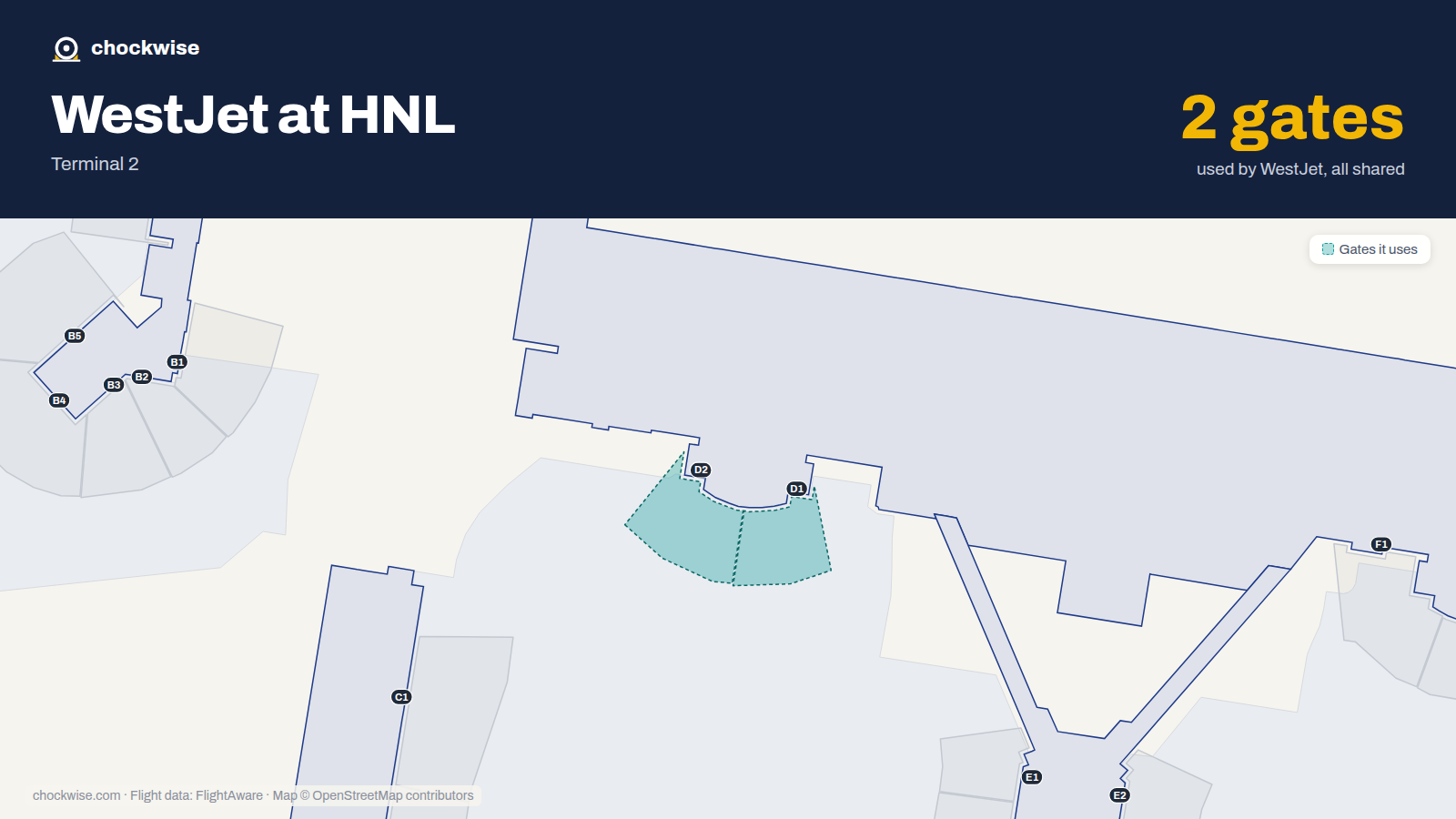 Map of HNL with the gates WestJet uses highlighted: D1 and D2.