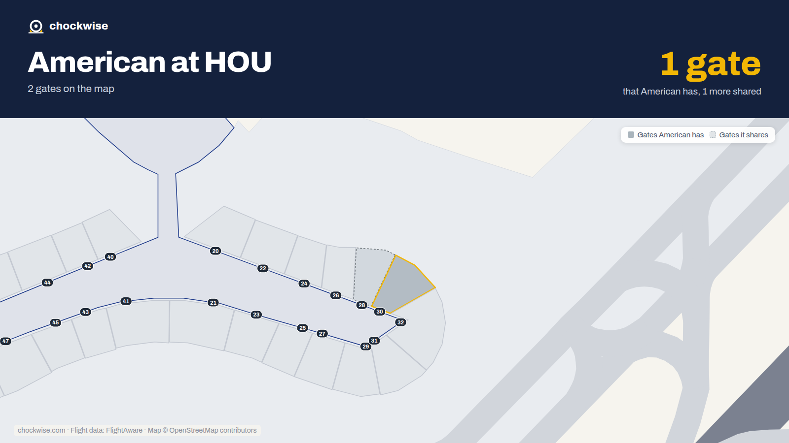 Map of HOU with the gates American Airlines uses highlighted: 30.