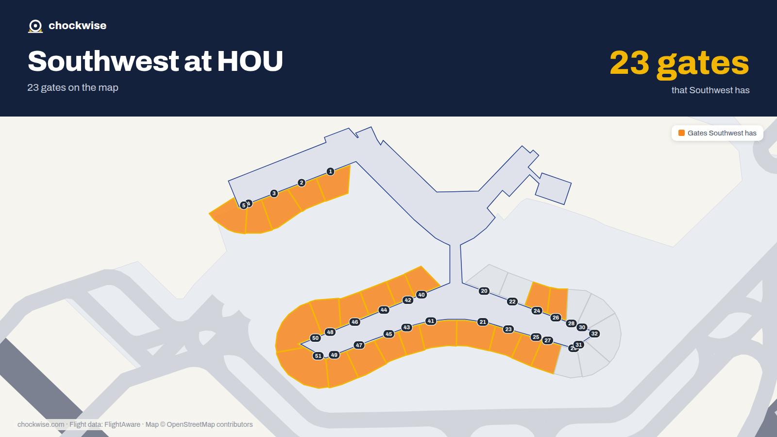 Map of HOU with the gates Southwest Airlines uses highlighted: 1, 2, 3, 4, 5, 21, 23, 24 and 15 more.