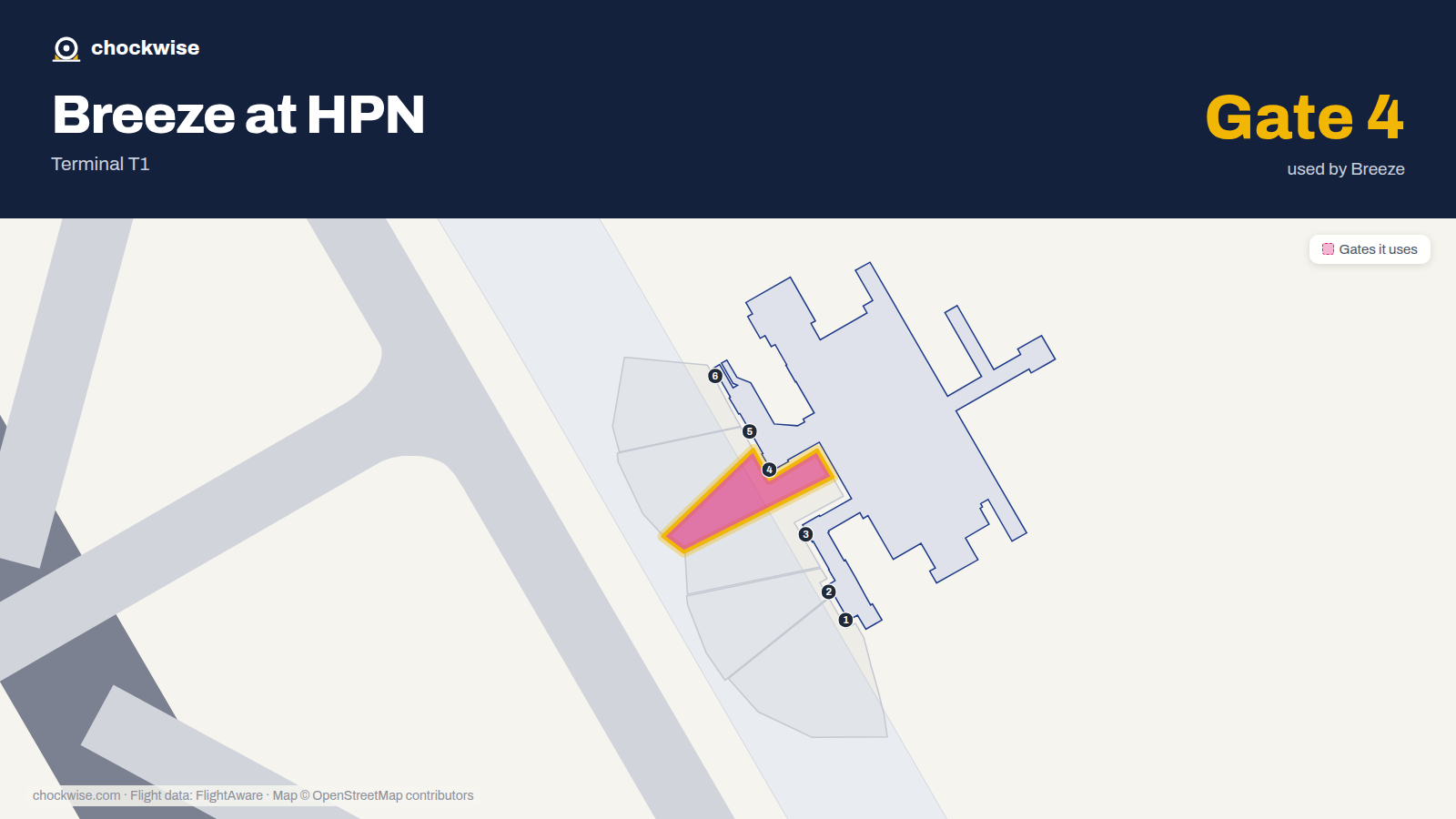 Map of HPN with the gates Breeze Airways uses highlighted: 4.