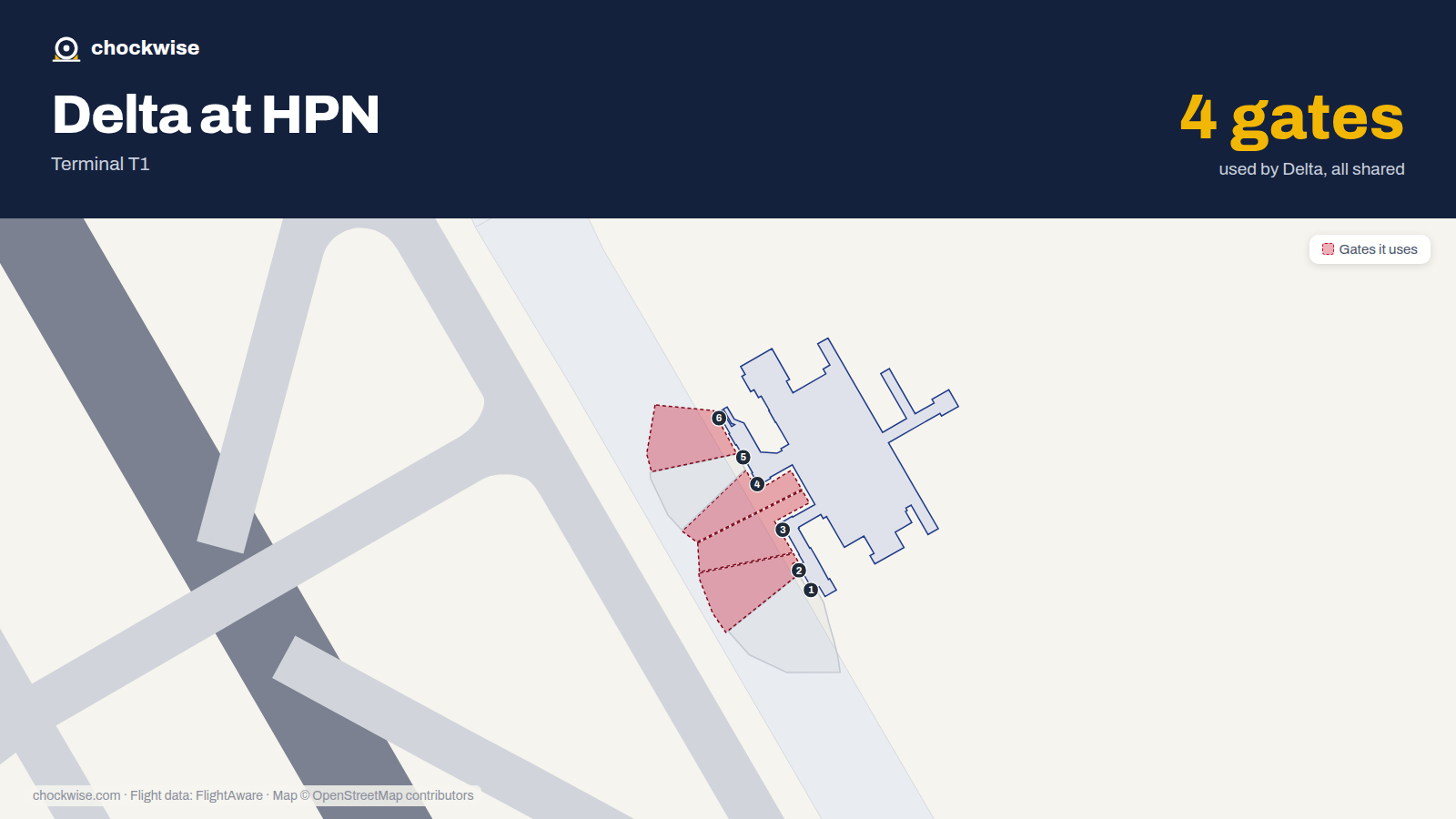 Map of HPN with the gates Delta Air Lines uses highlighted: 2, 3, 4 and 6.