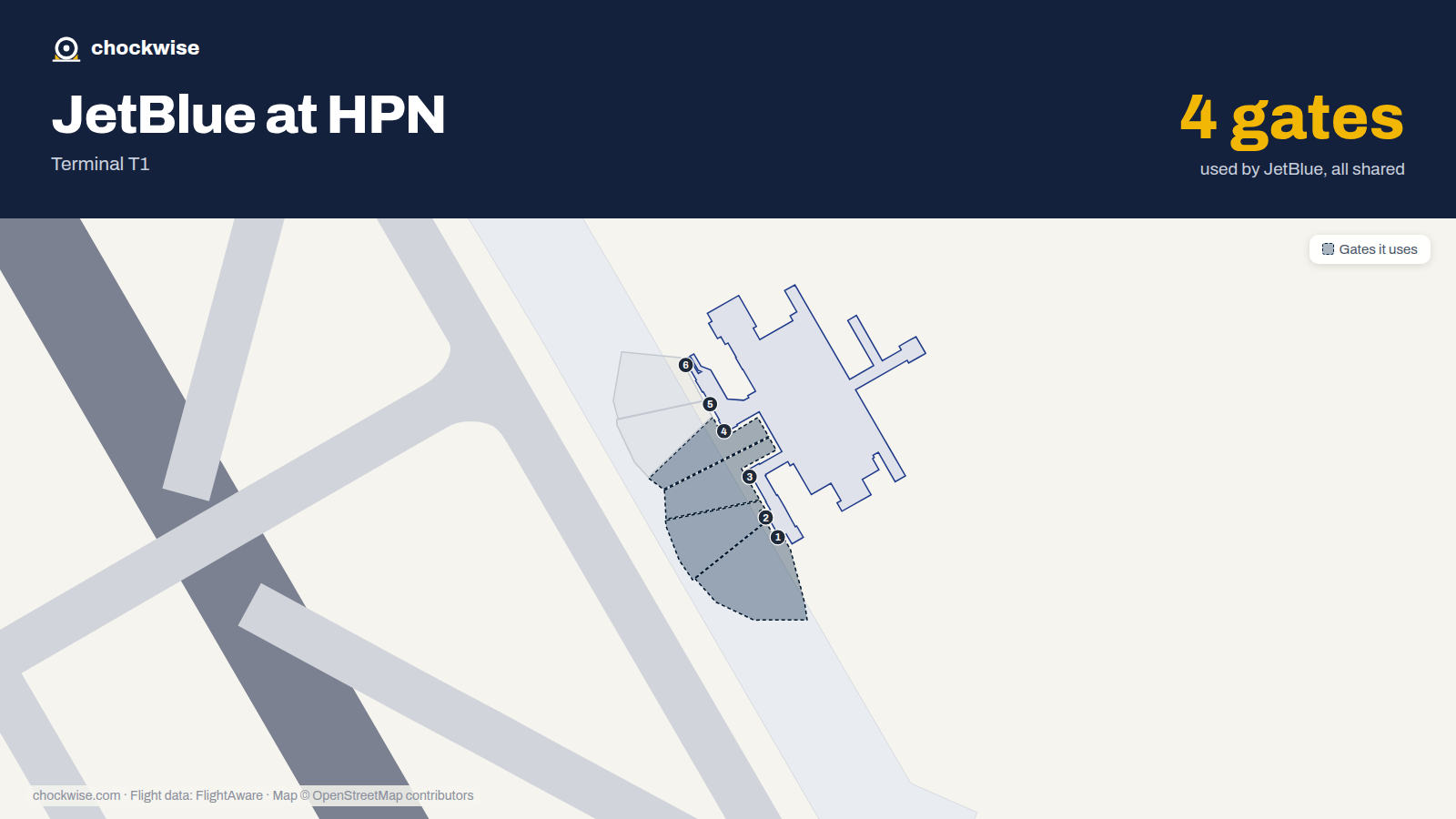 Map of HPN with the gates JetBlue uses highlighted: 1, 2, 3 and 4.