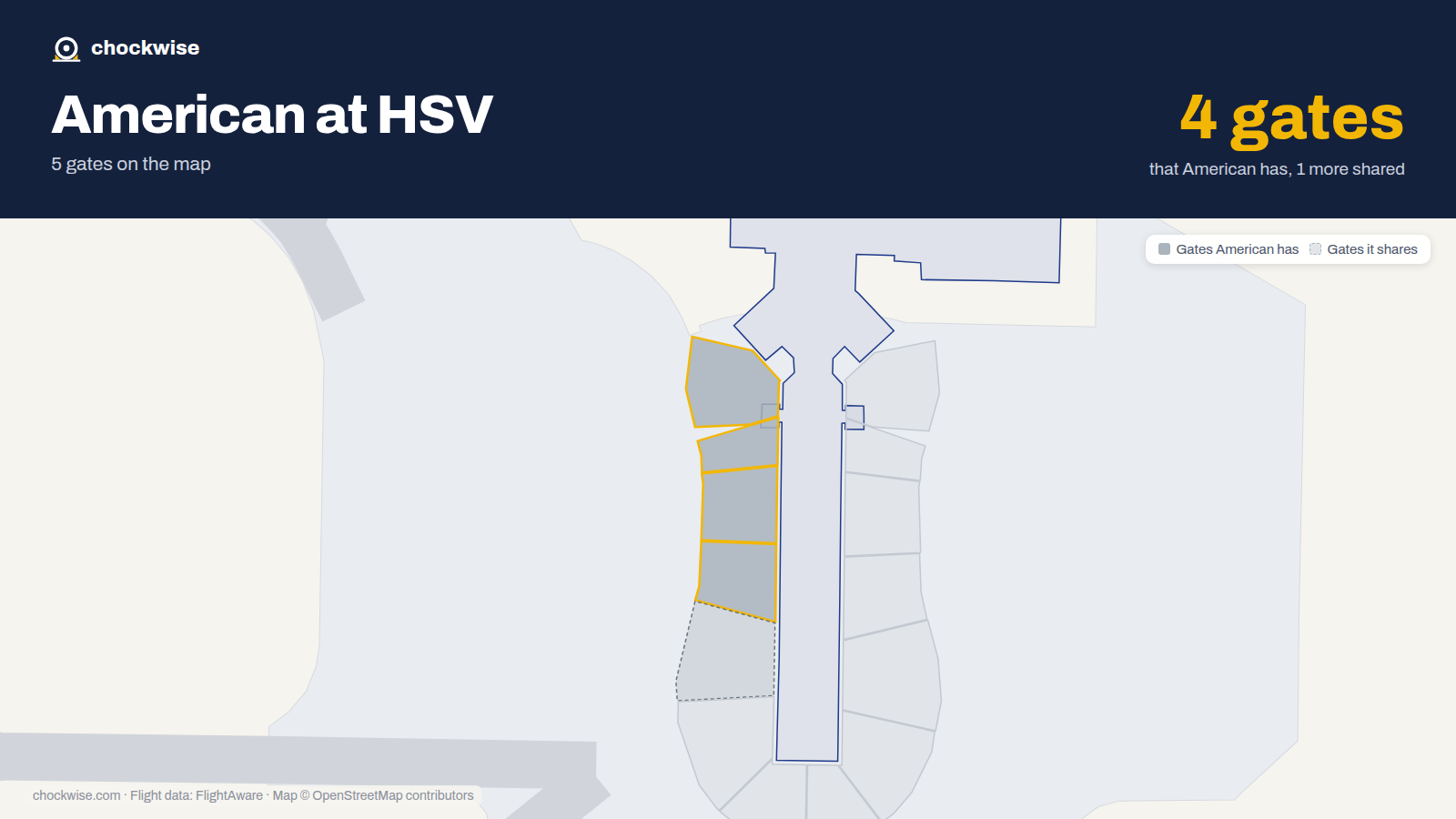 Map of HSV with the gates American Airlines uses highlighted: 1A, 1B, 3 and 5.