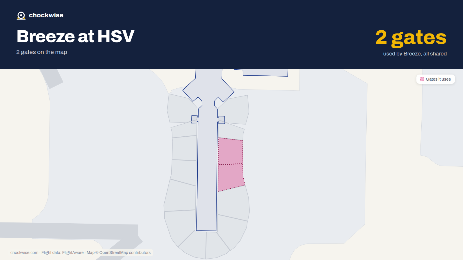 Map of HSV with the gates Breeze Airways uses highlighted: 4 and 6.