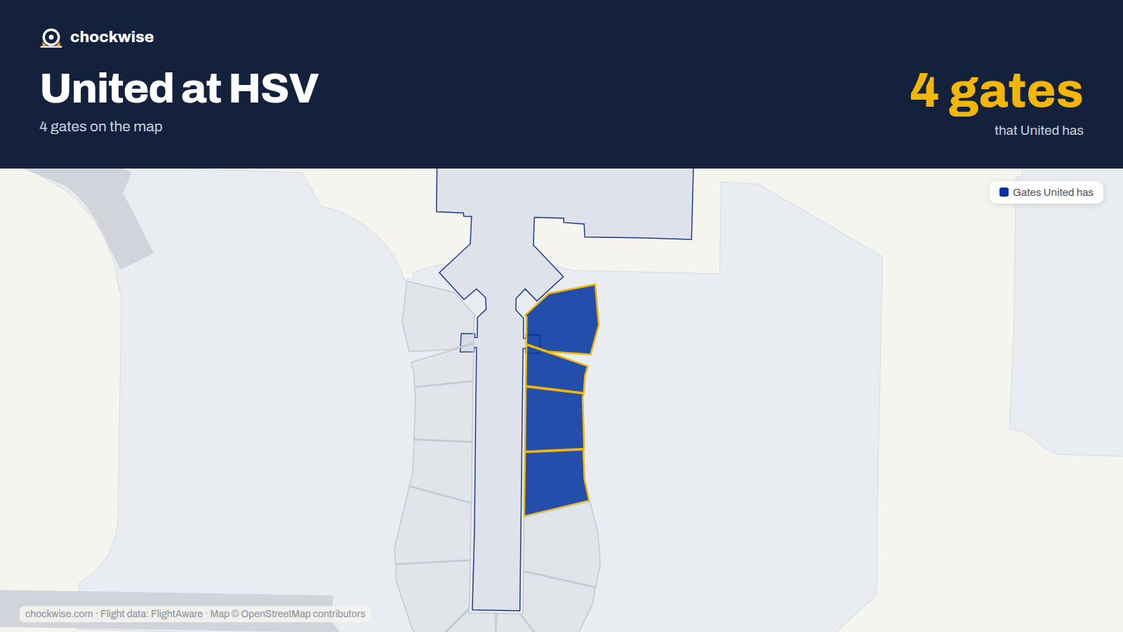 Map of HSV with the gates United Airlines uses highlighted: 2A, 2B, 4 and 6.