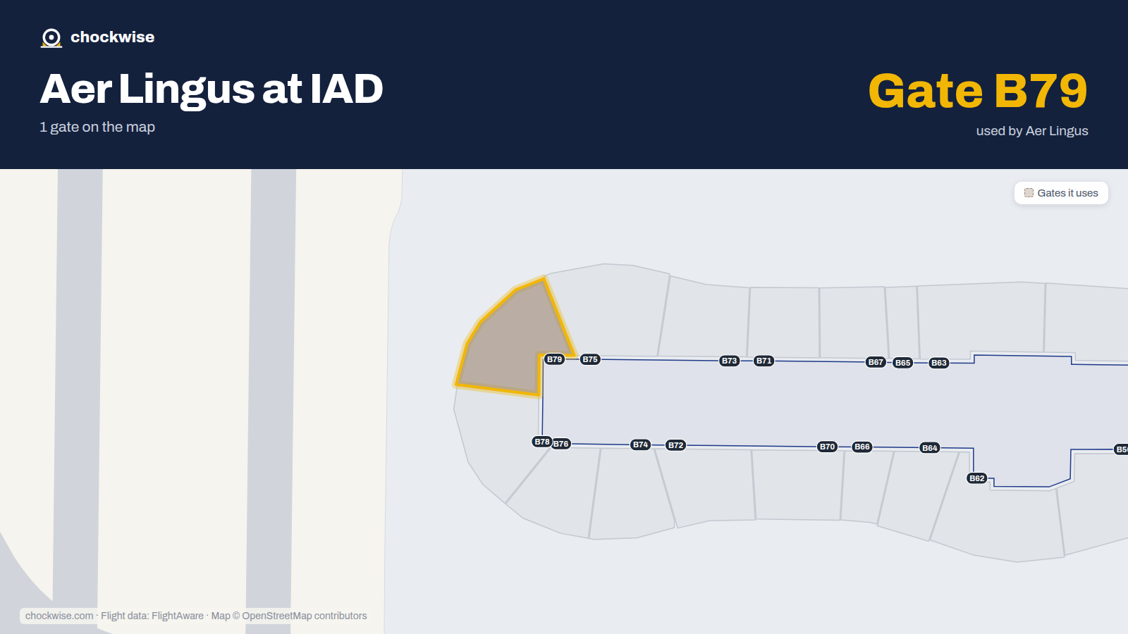 Map of IAD with the gates Aer Lingus uses highlighted: B79.