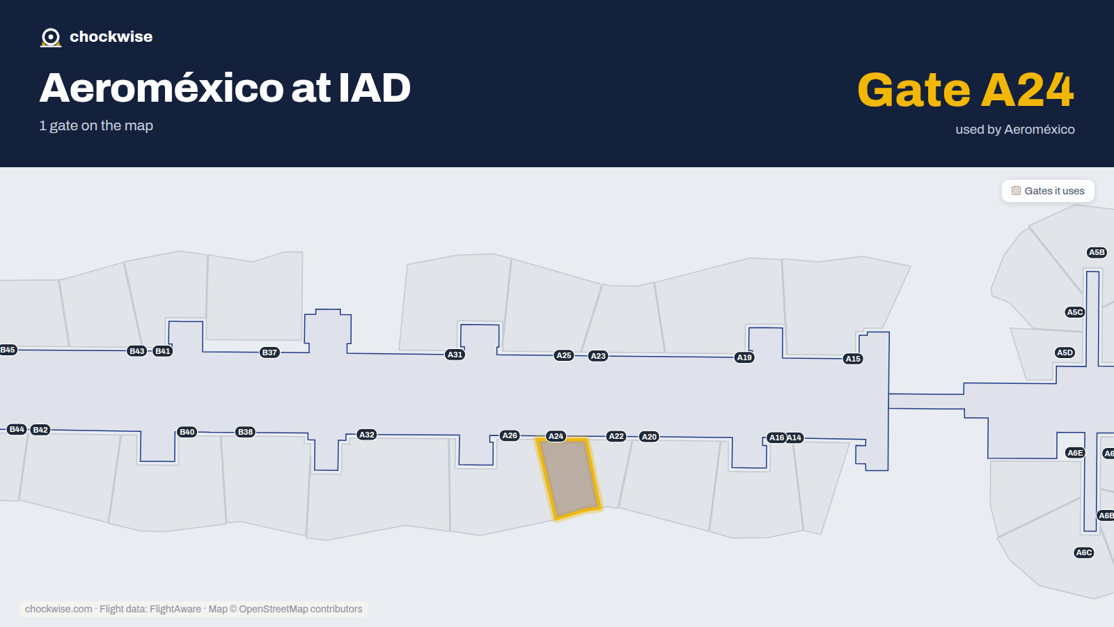 Map of IAD with the gates Aeroméxico uses highlighted: A24.