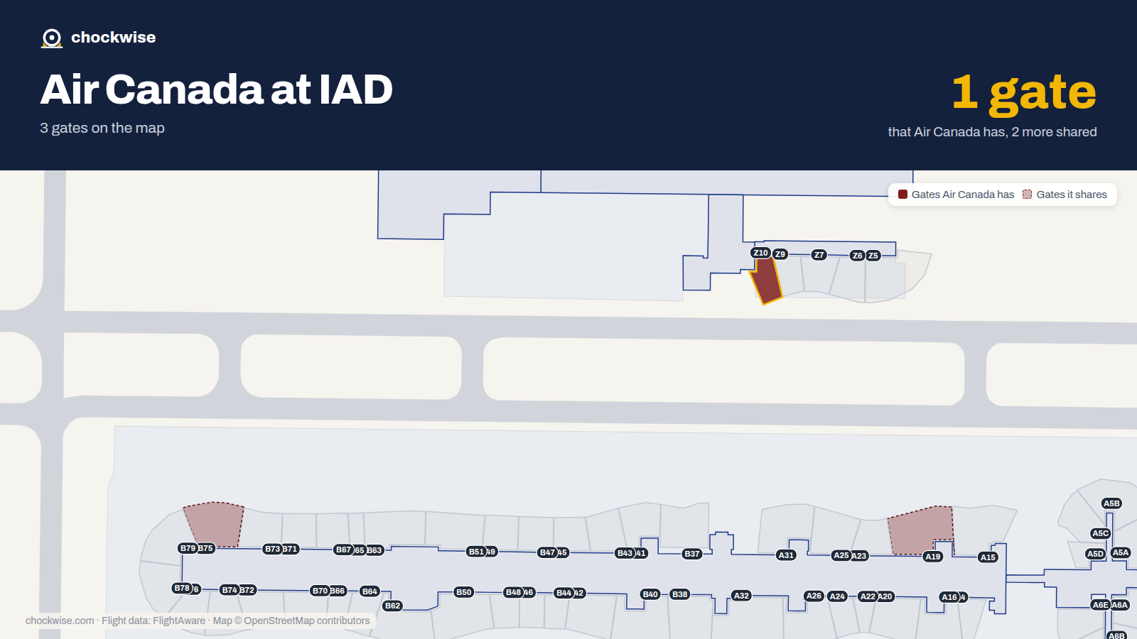 Map of IAD with the gates Air Canada uses highlighted: Z10.