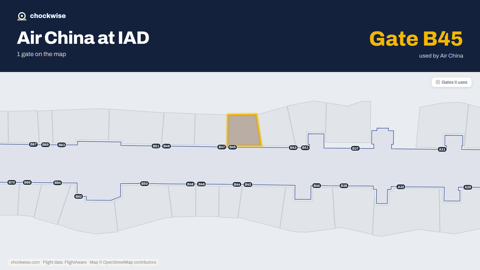 Map of IAD with the gates Air China uses highlighted: B45.