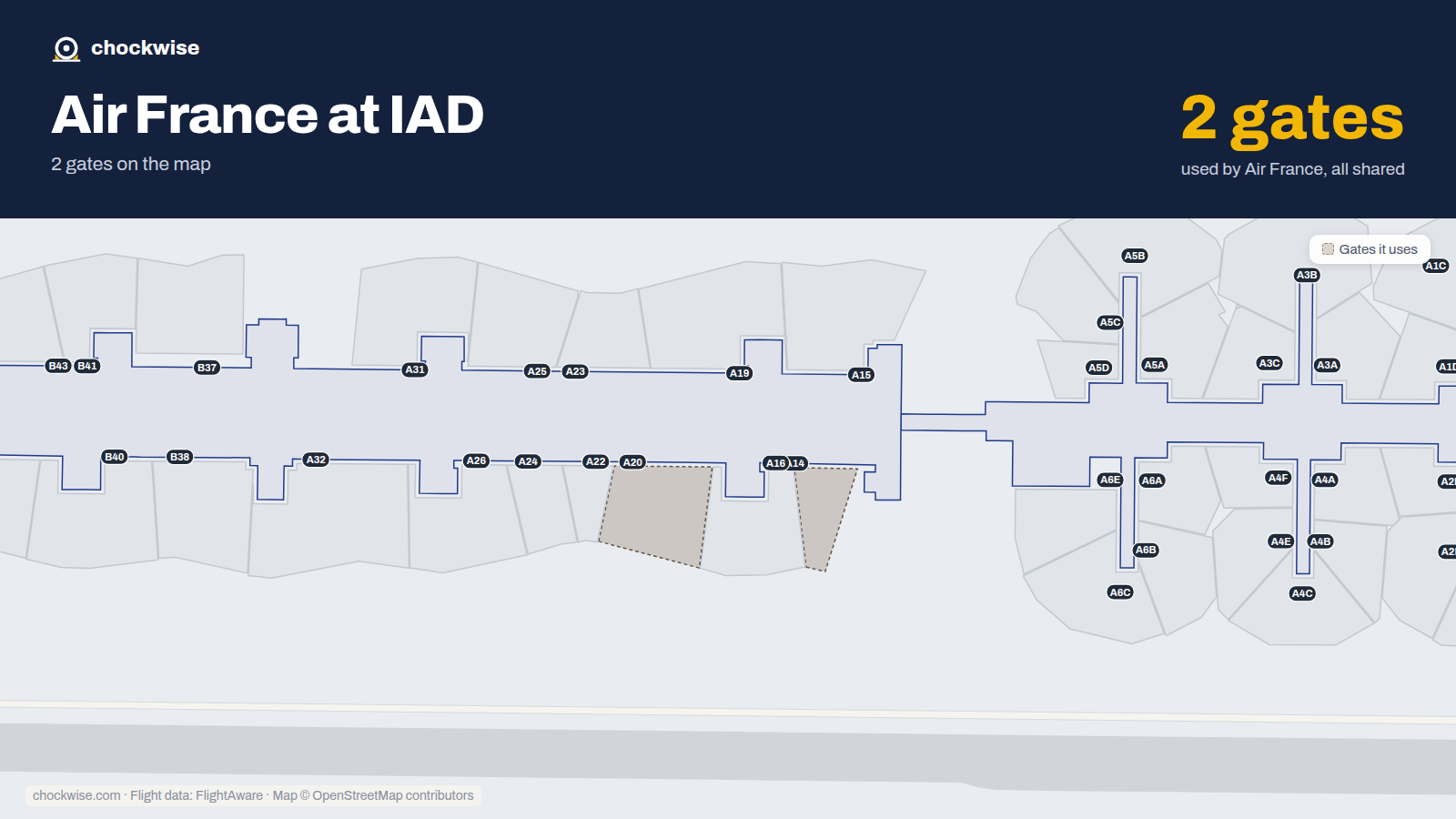 Map of IAD with the gates Air France uses highlighted: A14 and A20.