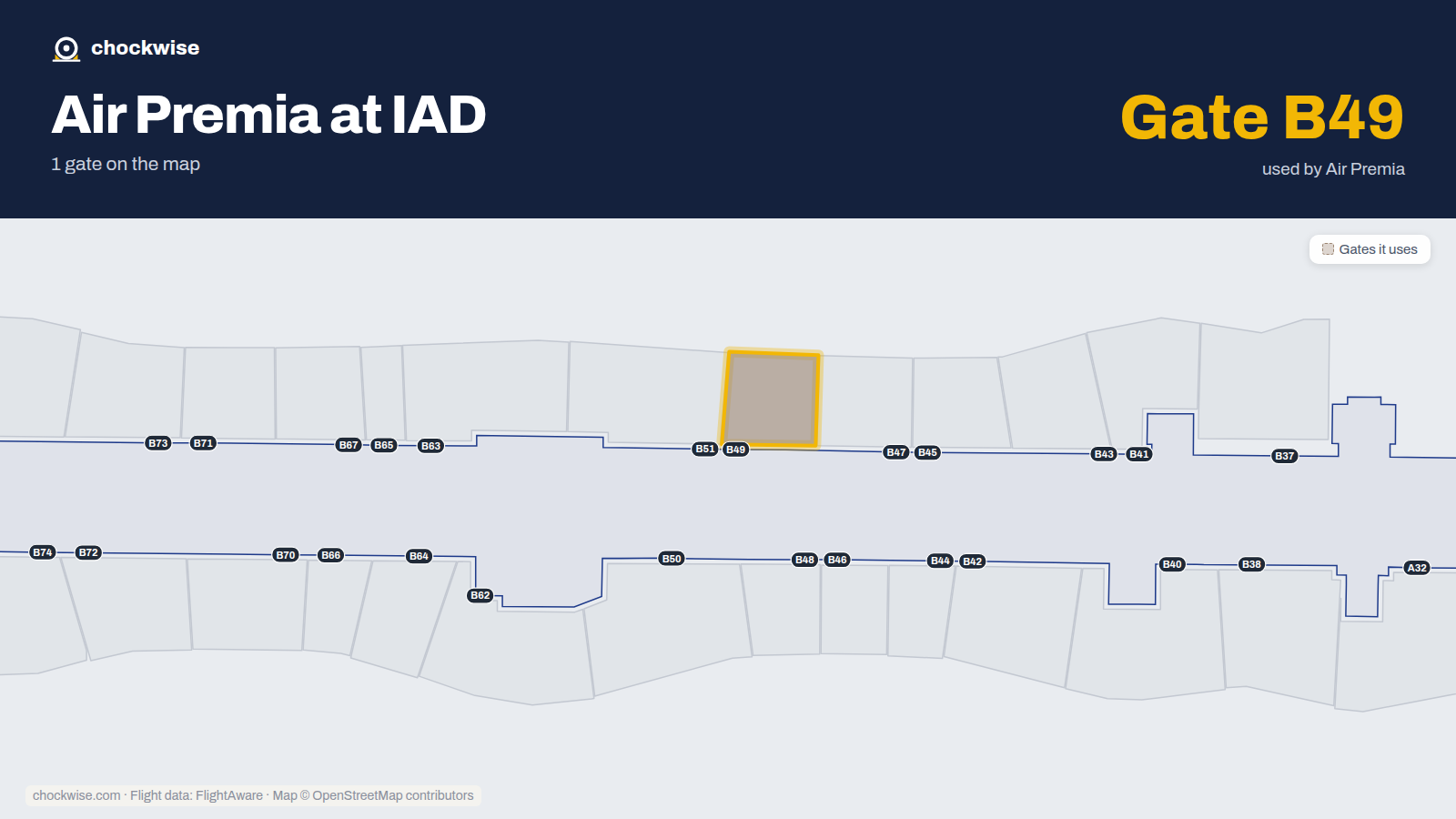 Map of IAD with the gates Air Premia uses highlighted: B49.