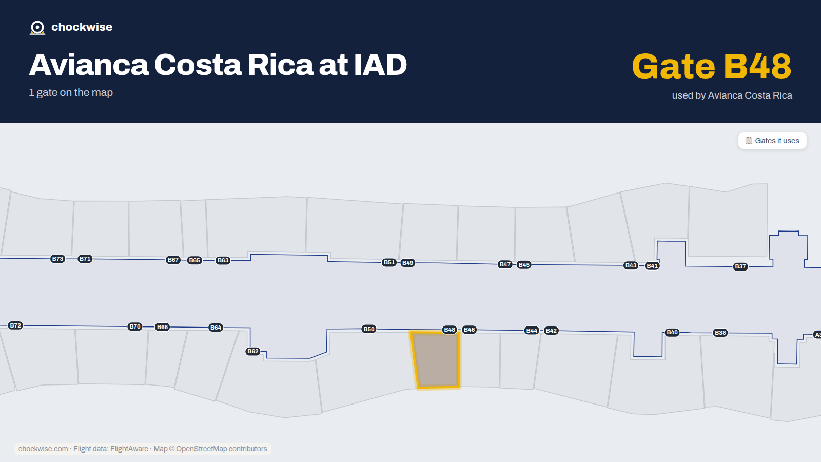 Map of IAD with the gates Avianca Costa Rica uses highlighted: B48.