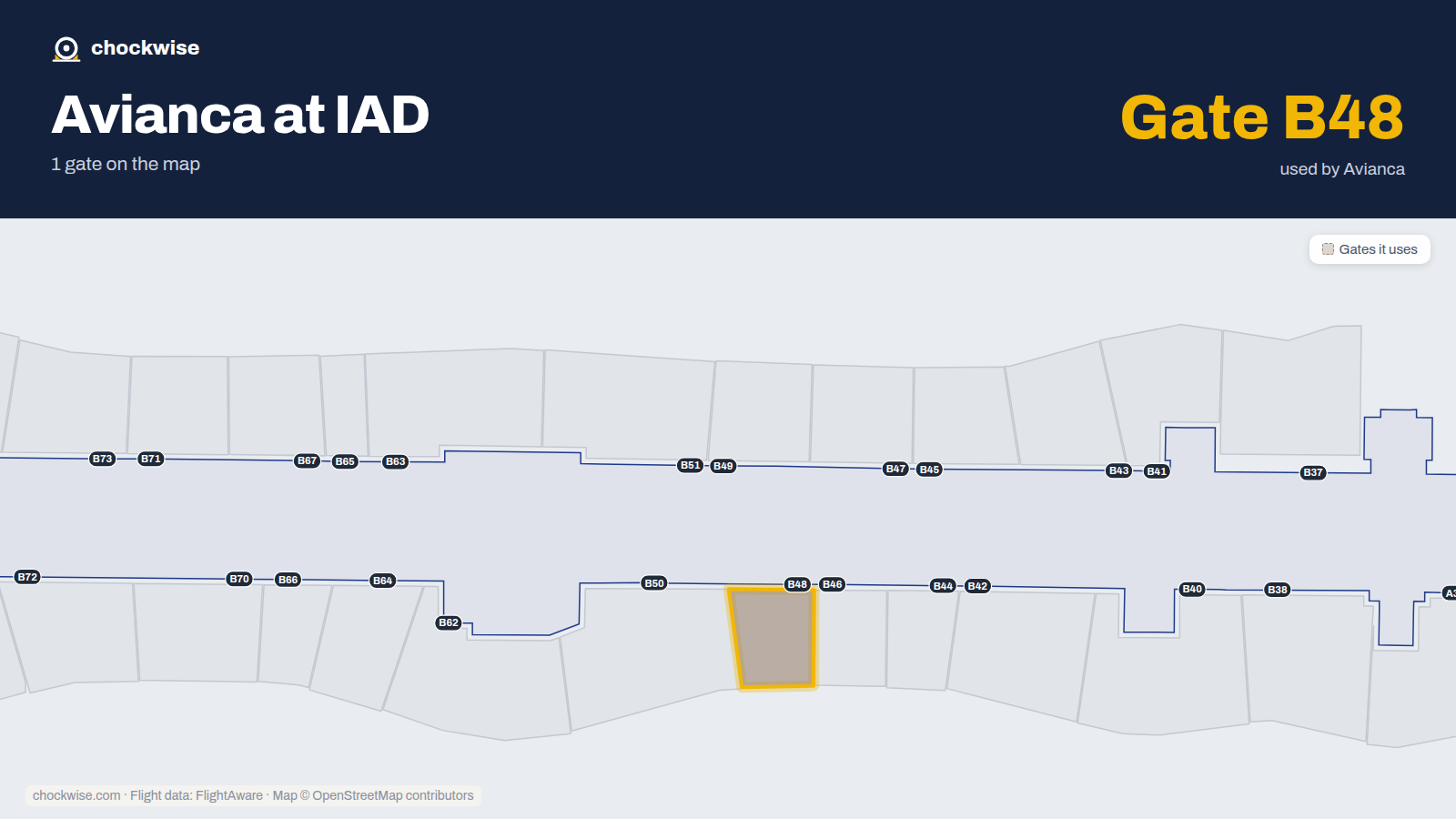 Map of IAD with the gates Avianca uses highlighted: B48.